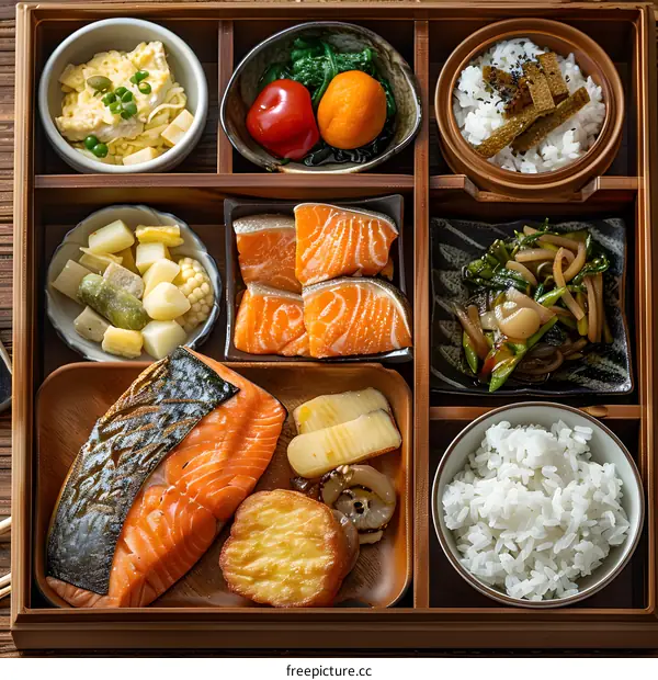Japanese Food Bento Box with Salmon and Vegetables