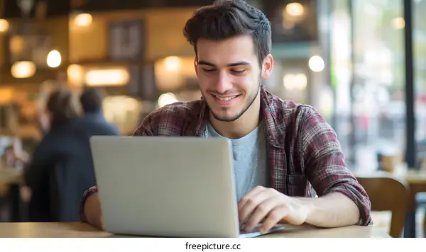 Smiling Man Working On Laptop At Coffee Shop
