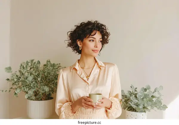 Woman with a Coffee Cup in a Light Beige Room