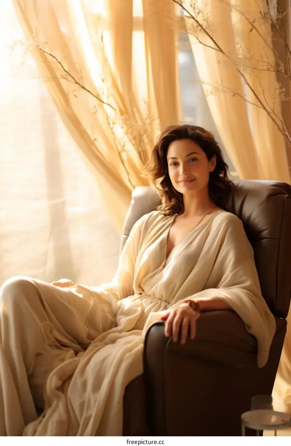 Elegant woman in a cream dress sitting in a brown leather chair
