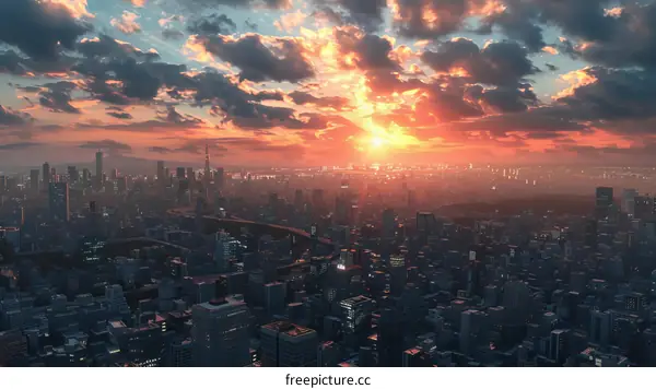 Sunset over Futuristic Metropolis Skyline