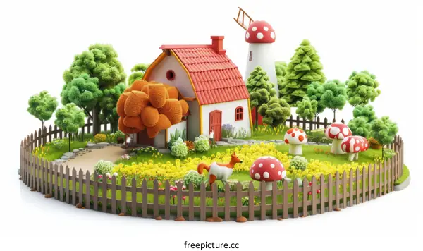 3D rendering of a small cartoon house with a red roof