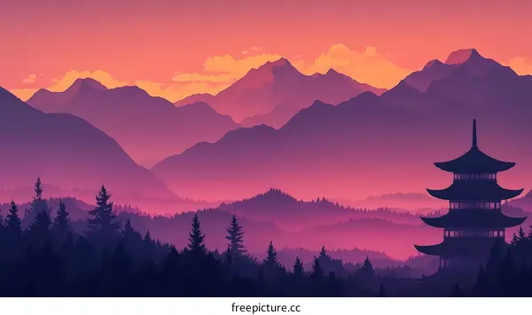 Sunset Mountain View with Pagoda Illustration