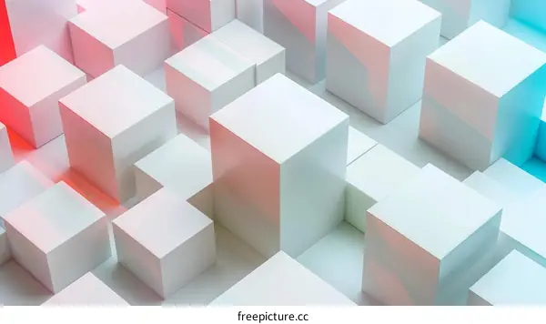 3D Illustration of White Cubes with Red and Blue Ambient Lighting