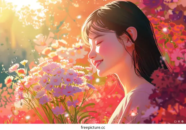 An illustration of a beautiful Asian woman in a field of flowers