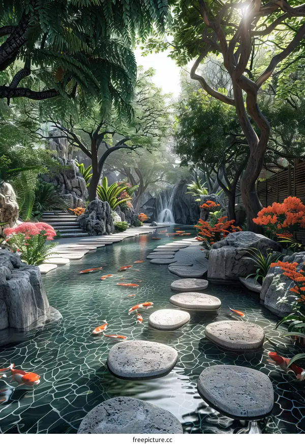 Colorful Koi Fish in a Serene Garden Pond