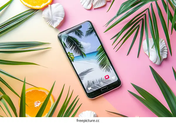 Summer Tropical Beach Background with Phone and Palm Leaves