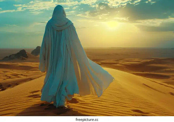 Man in white robe walking in desert