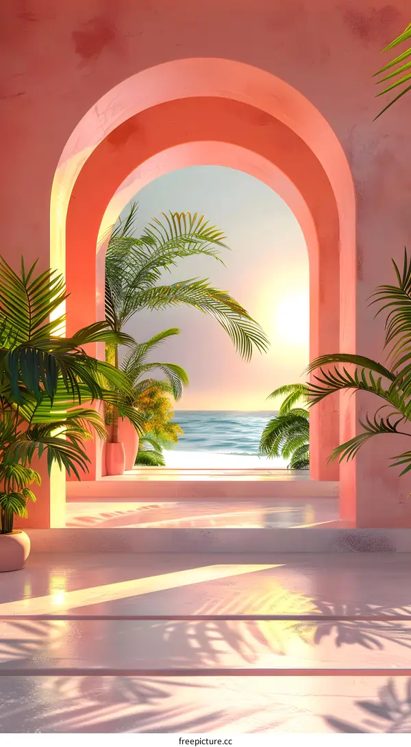 pink archway with palm trees