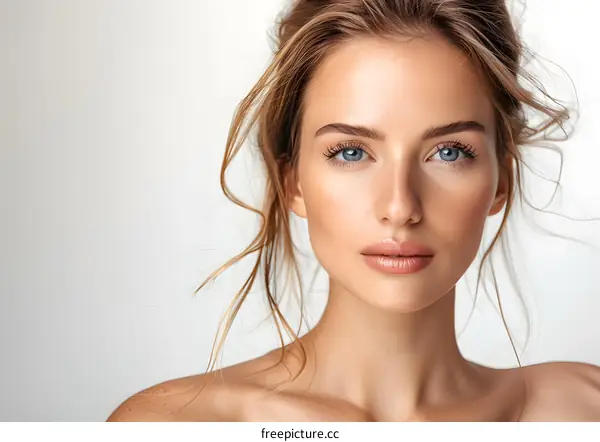 Portrait of Beautiful Young Woman with Blonde Hair and Blue Eyes