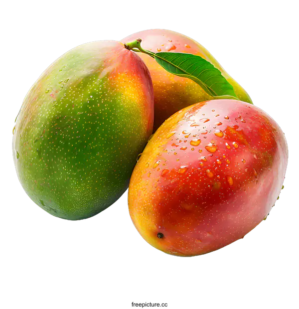 [Transparent Background PNG]three mangoes with green leaves and water drops