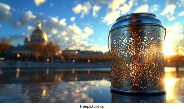 An Ornate Lantern Sits on a Stone Surface with a View of St. Isaac's Cathedral in the Background
