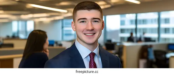 Smiling Businessman in Modern Office with a City View