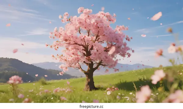 A Single Cherry Blossom Tree in Full Bloom with Pink Petals Floating