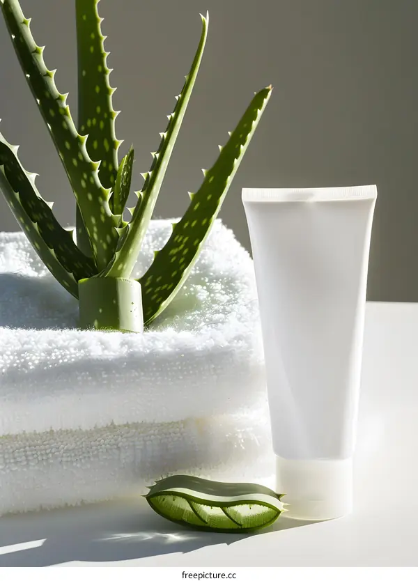 Aloe Vera Plant With White Cream Tube And Towel