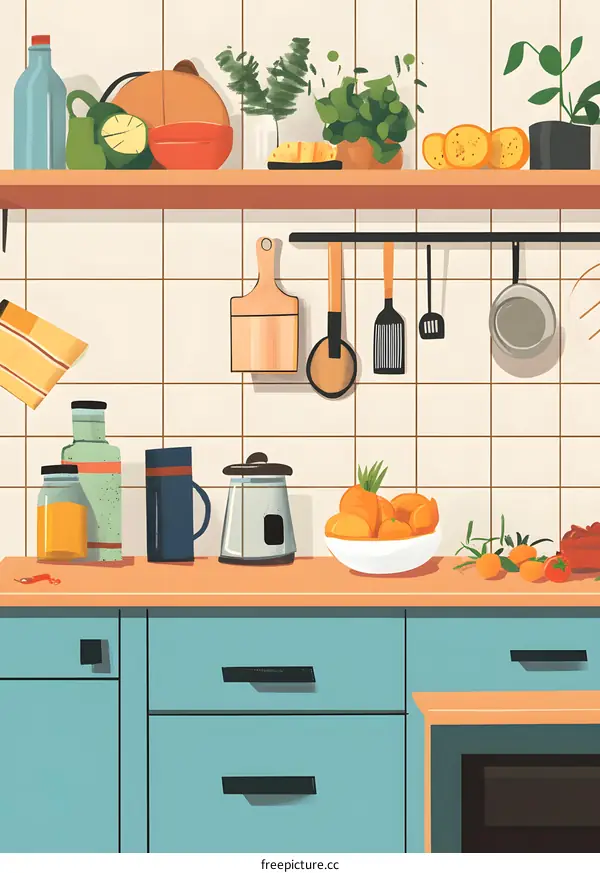 Kitchen Interior Design With Blue Cabinets And Orange Fruits