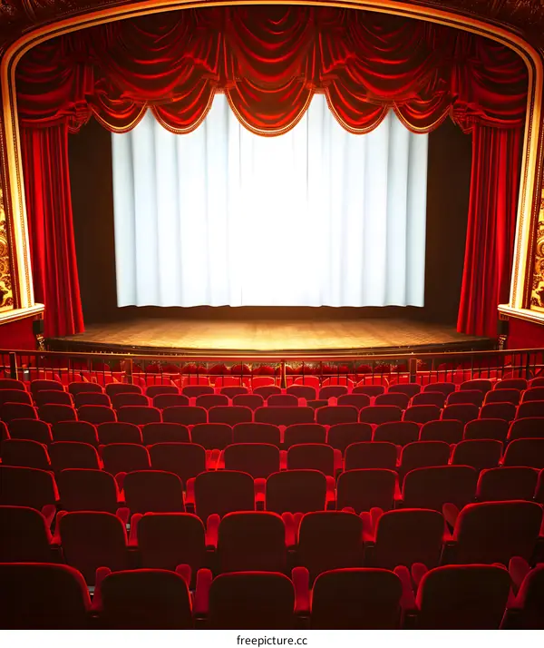 Empty Theater Seats Facing Stage Curtains