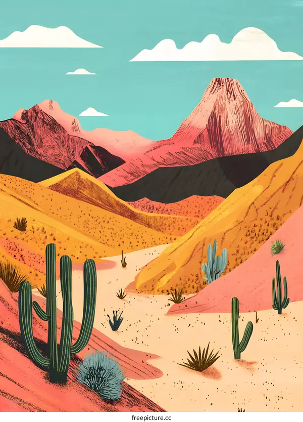 Desert Landscape with Mountains and Cactus