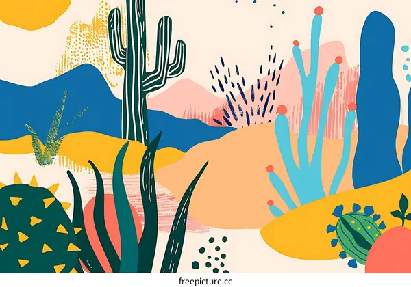 Abstract Desert Landscape Illustration With Cactus