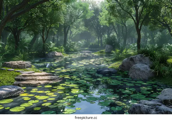 Misty Forest Pond with Stepping Stones and Lily Pads