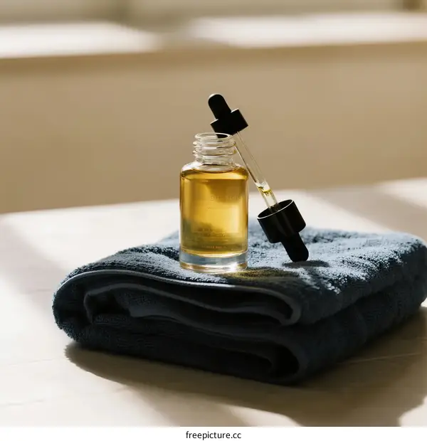 A small glass bottle with dropper containing golden liquid on blue towel