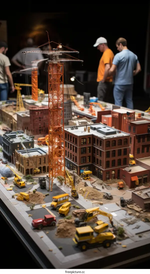 A miniature city with a large orange crane in the center