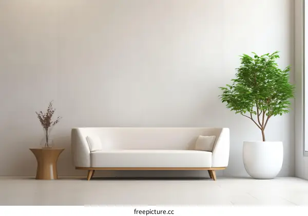 A Bright and Airy Modern Living Room with White Sofa and Wooden Table