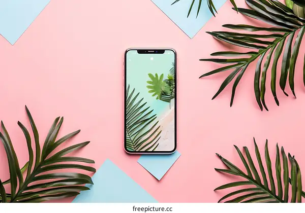 Summer Phone Flat Lay with Tropical Leaves and Blue Paper