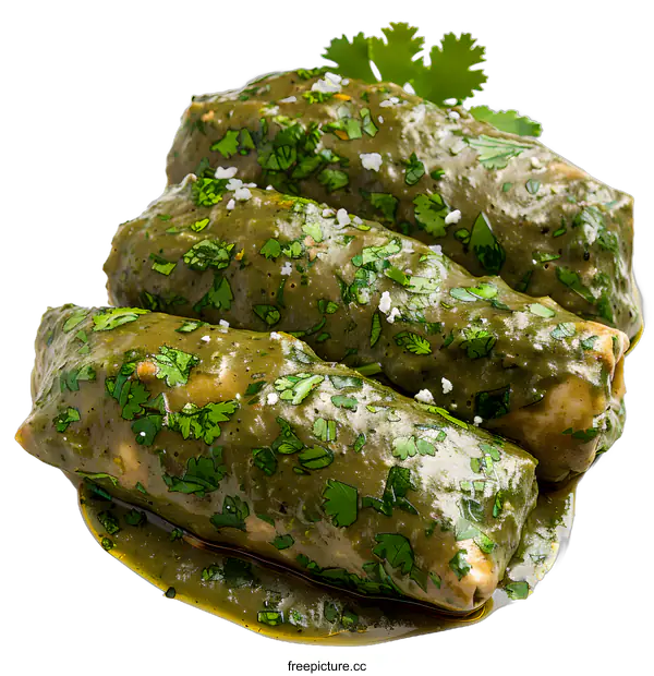 [Transparent Background PNG]Green enchiladas with cilantro and sauce on a white background