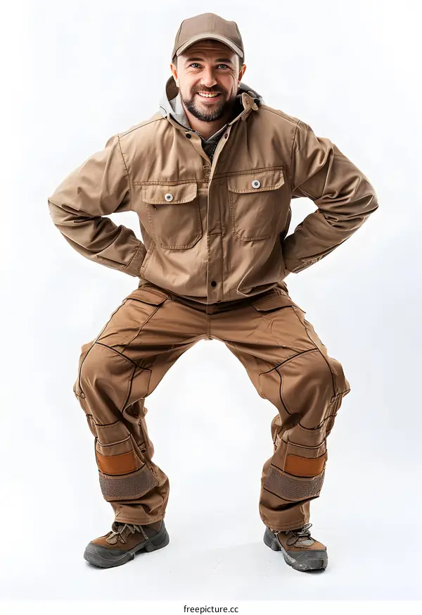 Smiling Construction Worker in Brown Uniform