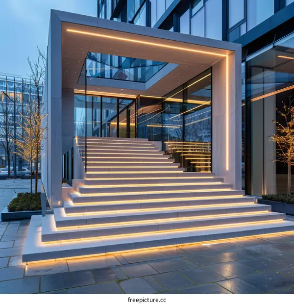 Modern office building with illuminated stairs and glass entrance