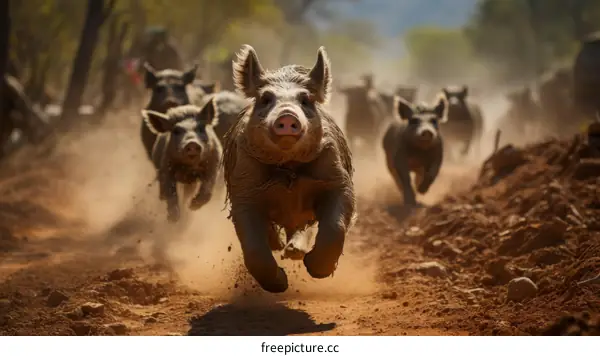 A group of wild pigs are running in the forest