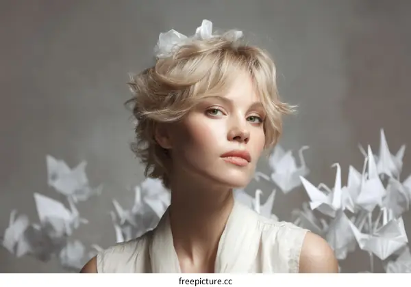 Elegant Woman with Origami Cranes
