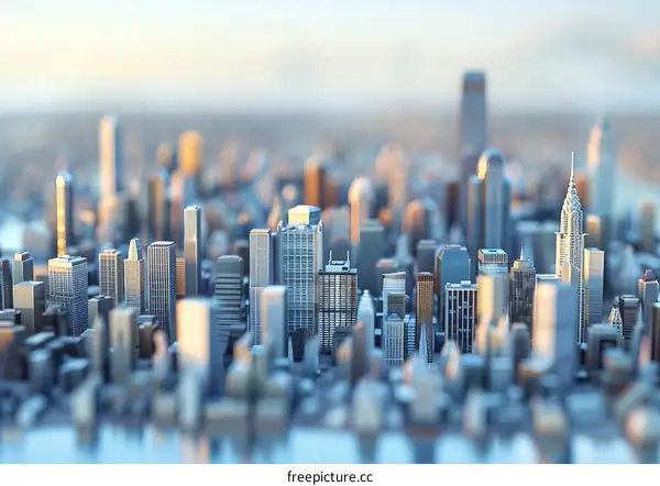 A Model City with Skyscrapers and a River in the Foreground