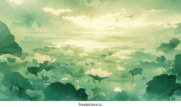 Green Lake with Lotus and Dragonflies