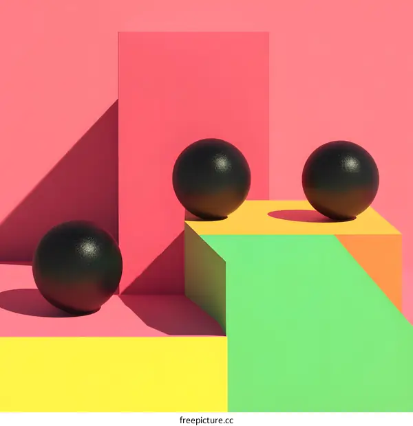 Abstract Minimalist Geometric Shapes with Black Balls on Colorful Platforms
