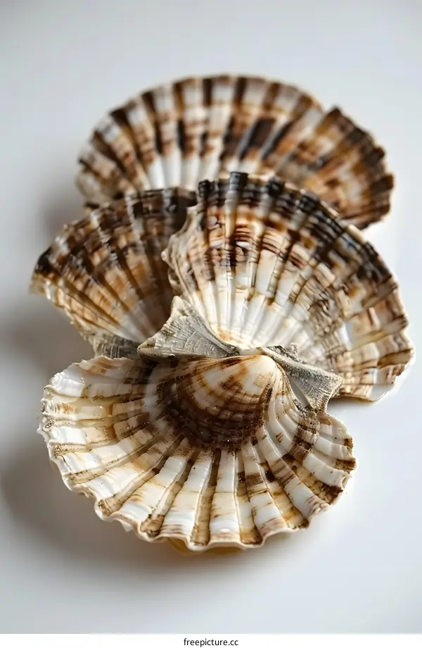 Three brown and white scallop shells