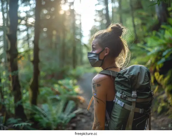 woman hiking in forest with mask