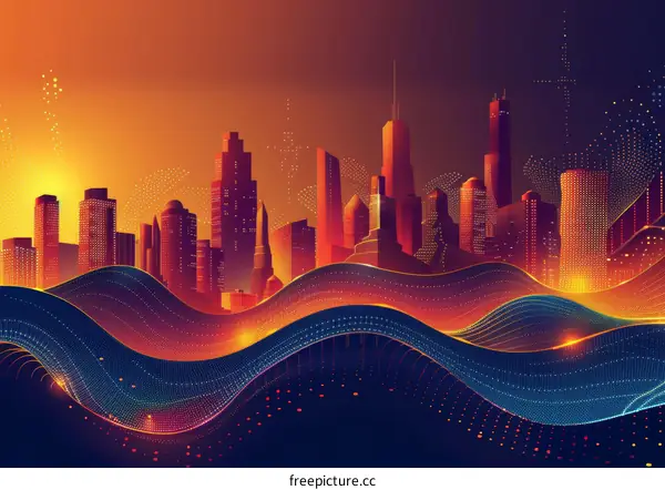 Futuristic City Skyline with Illuminated Buildings at Night