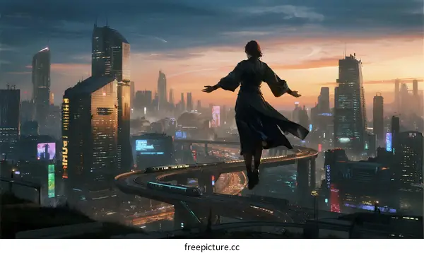 Woman Standing Over Futuristic Cityscape at Sunset