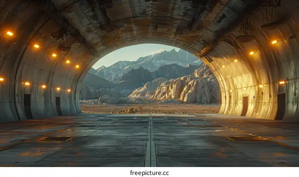 futuristic hangar with a mountain landscape