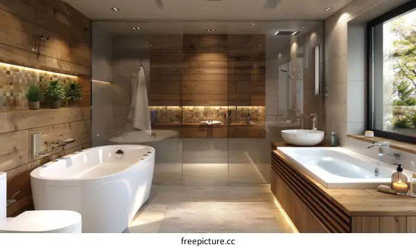 Modern Wooden Bathroom with a Luxurious Tub