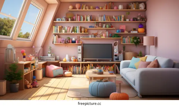 Cozy Living Room with Pink Bookshelf and Bright Window