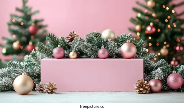 Pink Christmas Display Podium Decorated with Ornaments