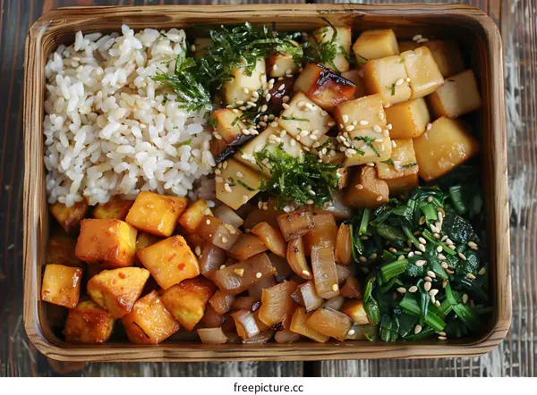 A delicious and healthy bento box with brown rice, roasted sweet potatoes, spinach, and onions