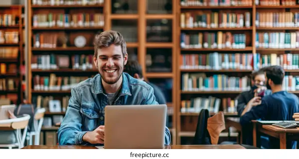 Young caucasian male student smiling while using laptop in library