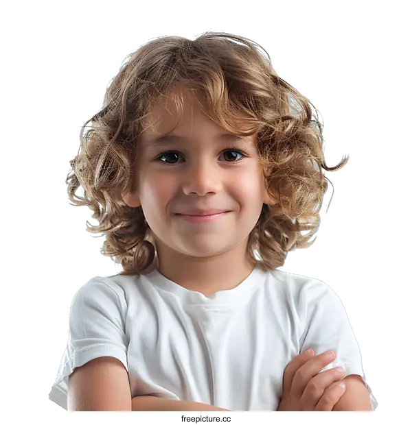 [Transparent Background PNG]Portrait of a happy smiling little boy with curly blond hair isolated on white background