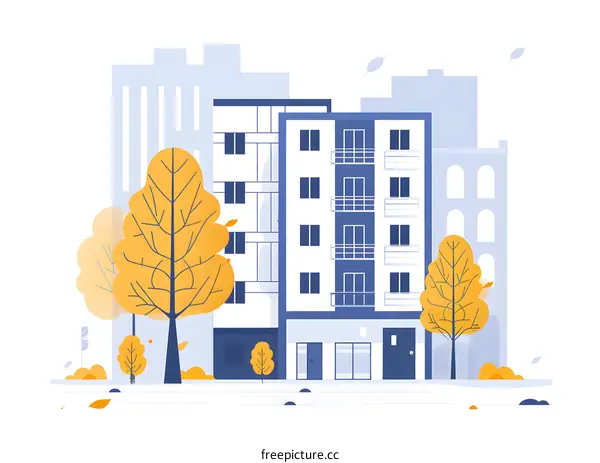 Apartment Building Illustration with Trees in Autumn