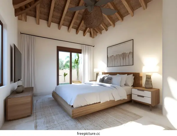 Modern Bedroom Interior Design with Wooden Beams and Natural Light