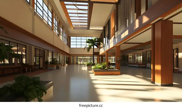 Modern Building Interior Design With Glass Windows and Wooden Pillars